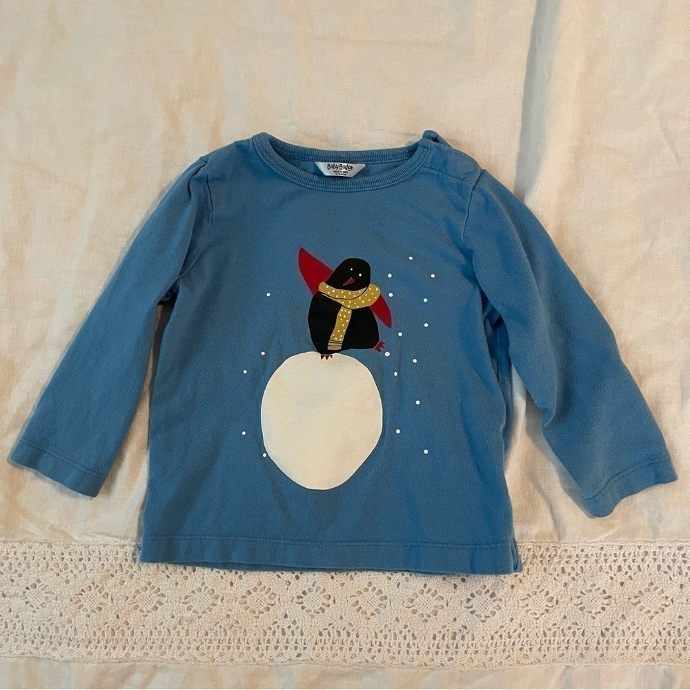 Baby Boden 12-18 mo Penguin Snow ball Long Sleeve T shirt Blue 100% cotton